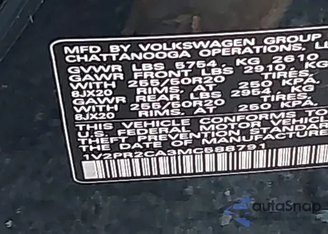 2021 Volkswagen Atlas 3.6L V6 Se W/Technology R-Line из США, поврежденный, VIN 1V2PR2CA3MC588791